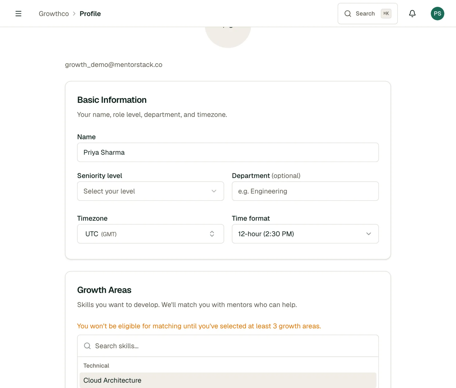 Profile page showing basic information, timezone, and growth areas