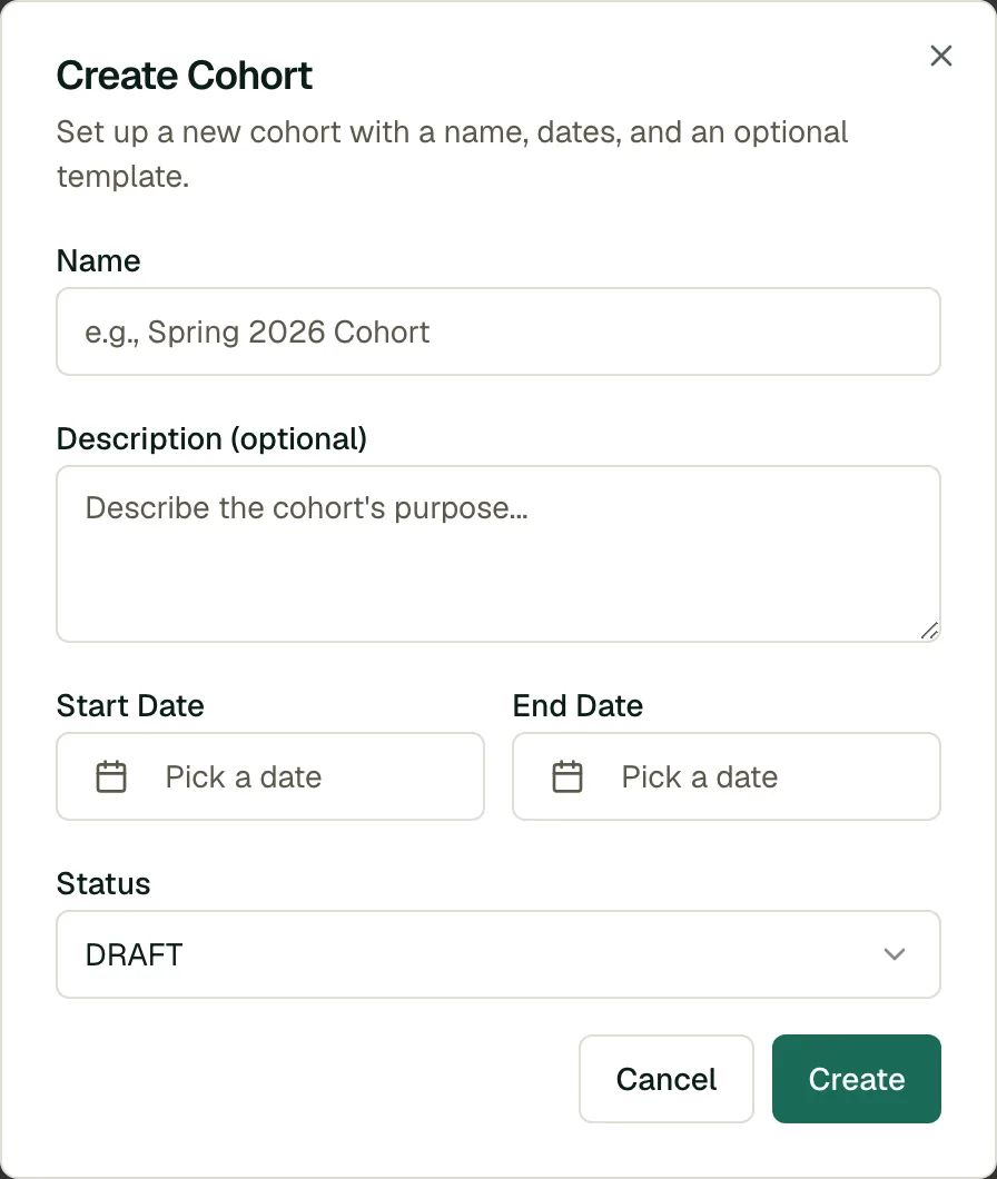 Create Cohort dialog with name, description, start and end dates, and status