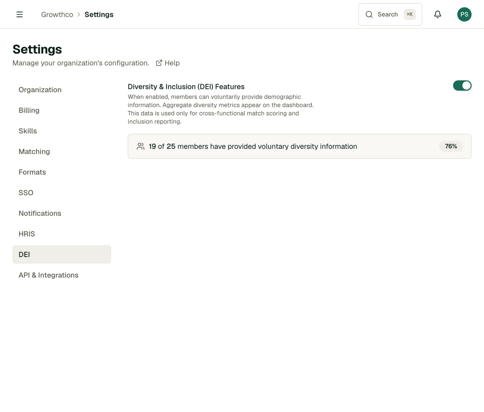 DEI tab in Settings showing the diversity features toggle and participation rate
