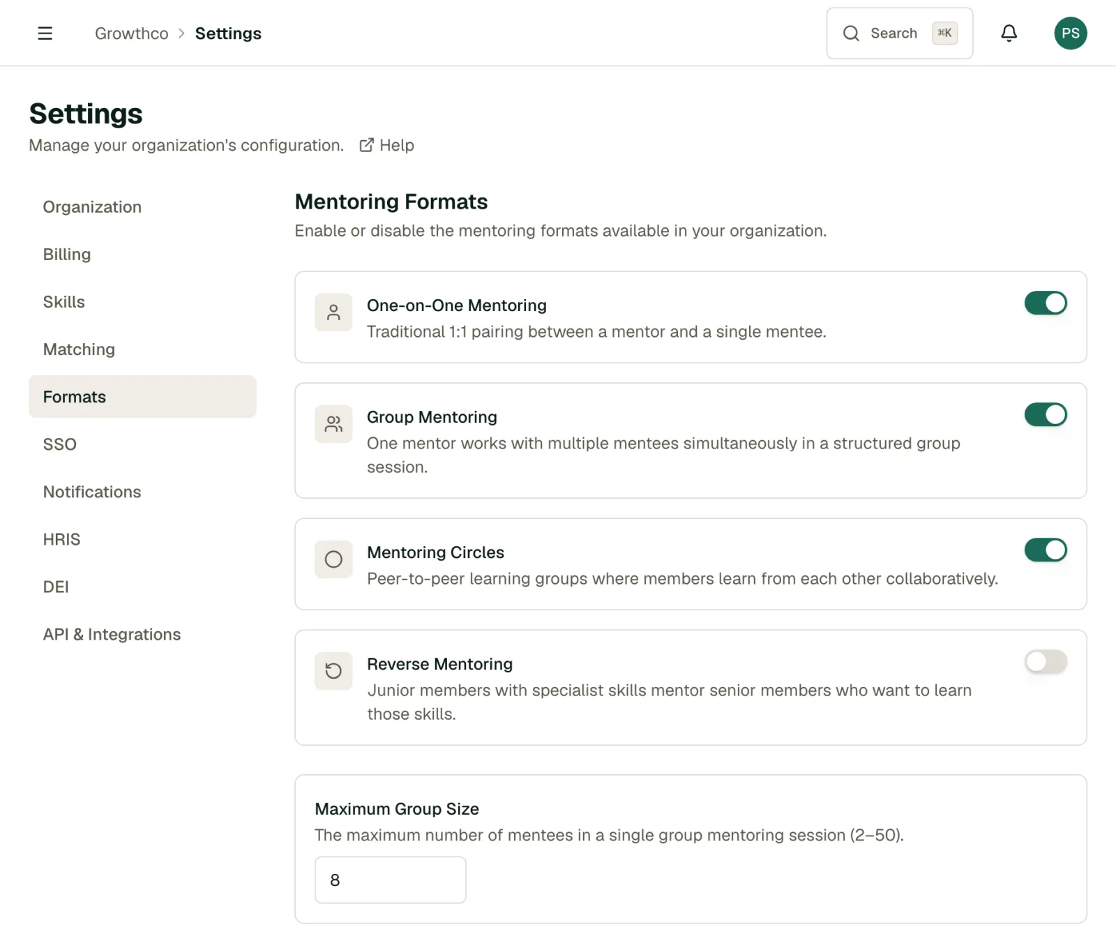 Formats tab in Settings for enabling 1:1, group, circle, and reverse mentoring