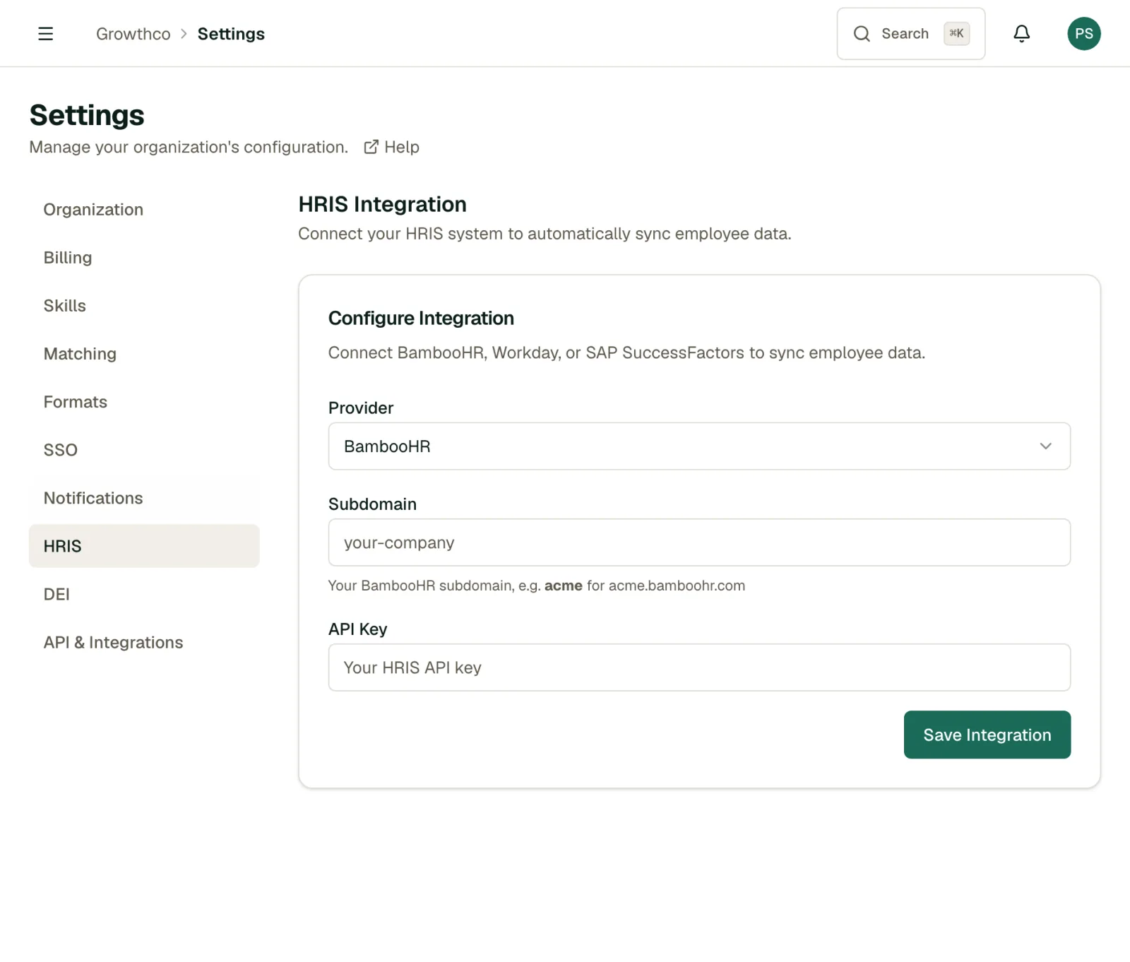 HRIS tab in Settings for connecting Workday, BambooHR, or SAP SuccessFactors