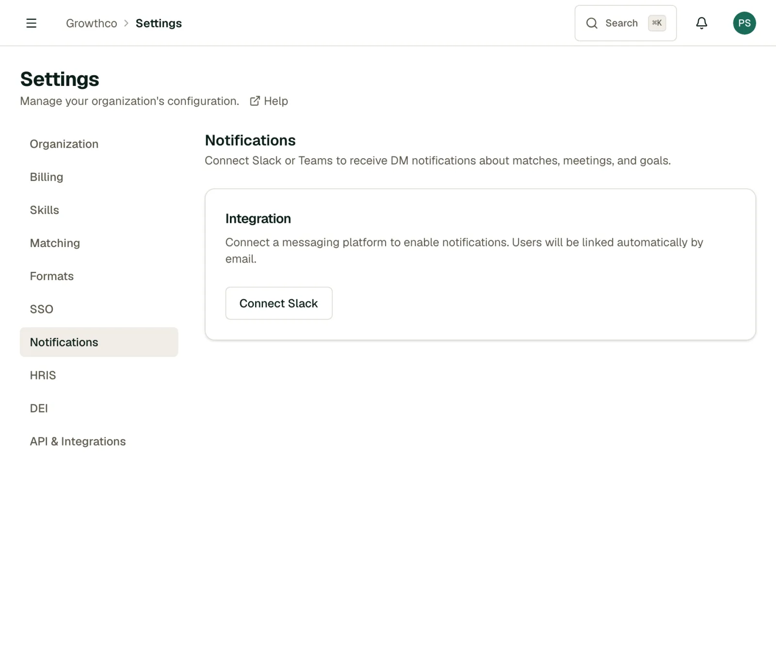 Notifications tab in Settings for Slack and Teams integration