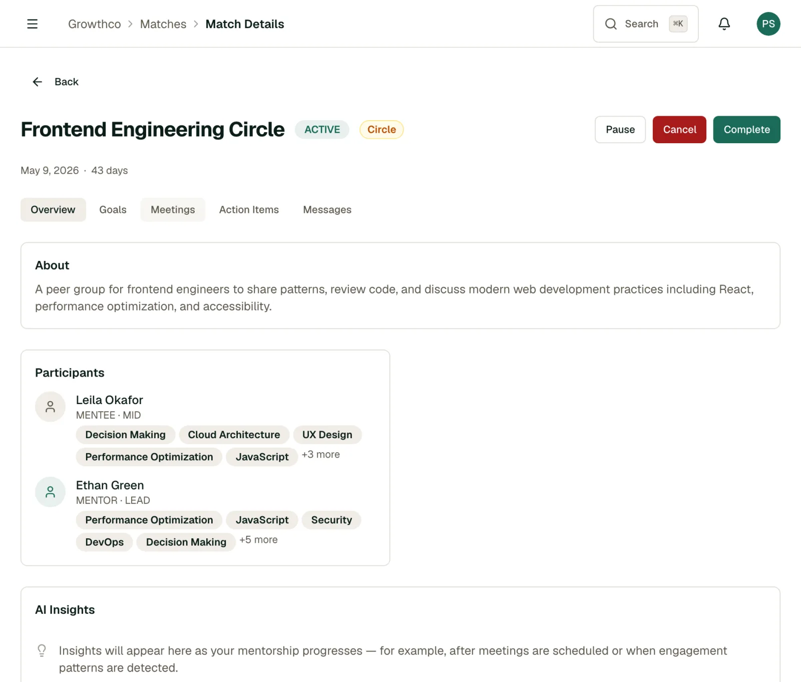 Match detail page with Pause, Cancel, and Complete actions, participant profiles, and Overview/Goals/Meetings/Action Items/Messages tabs