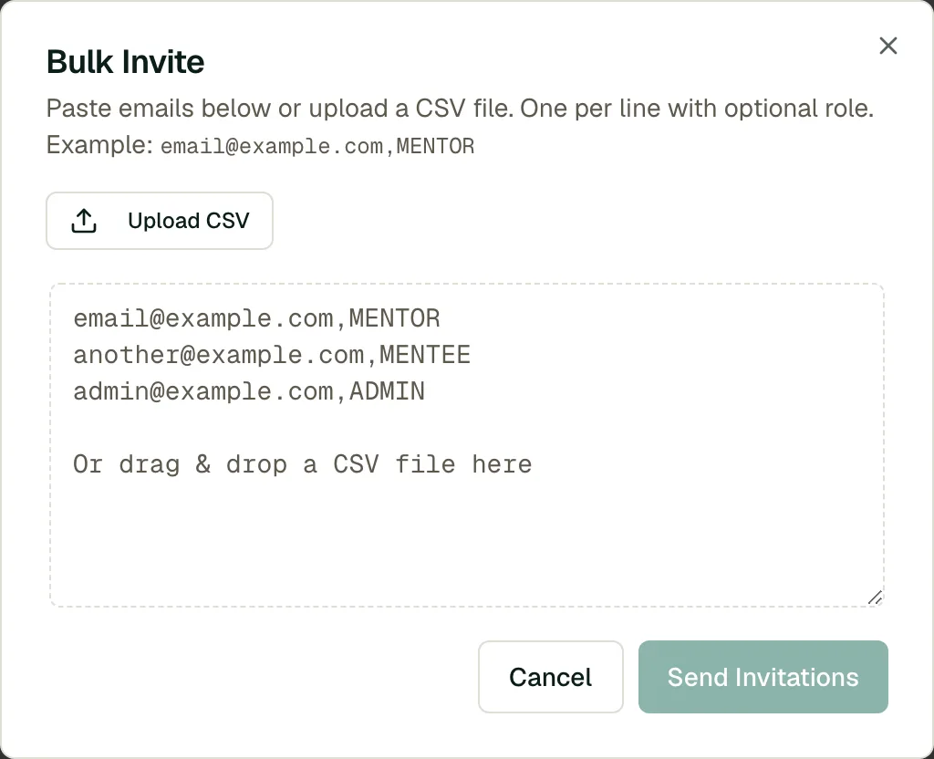 Bulk Invite dialog: paste emails with optional roles or upload a CSV, then Send Invitations