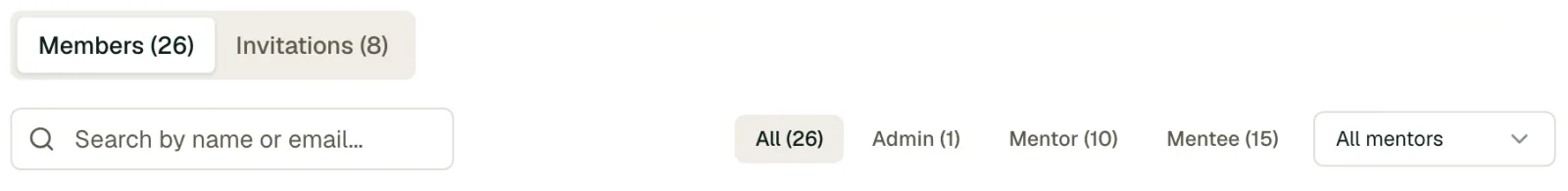 Members tab with search box and role filters (All, Admin, Mentor, Mentee)