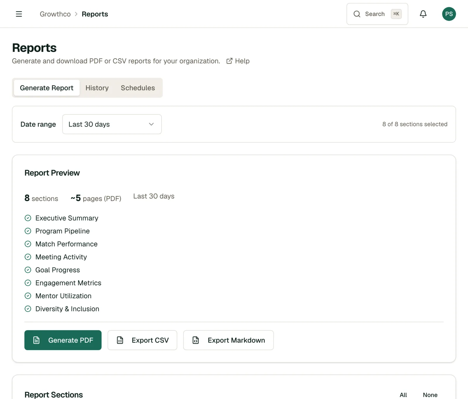 Generate Report tab with date range, a live preview of included sections, and PDF/CSV/Markdown export buttons