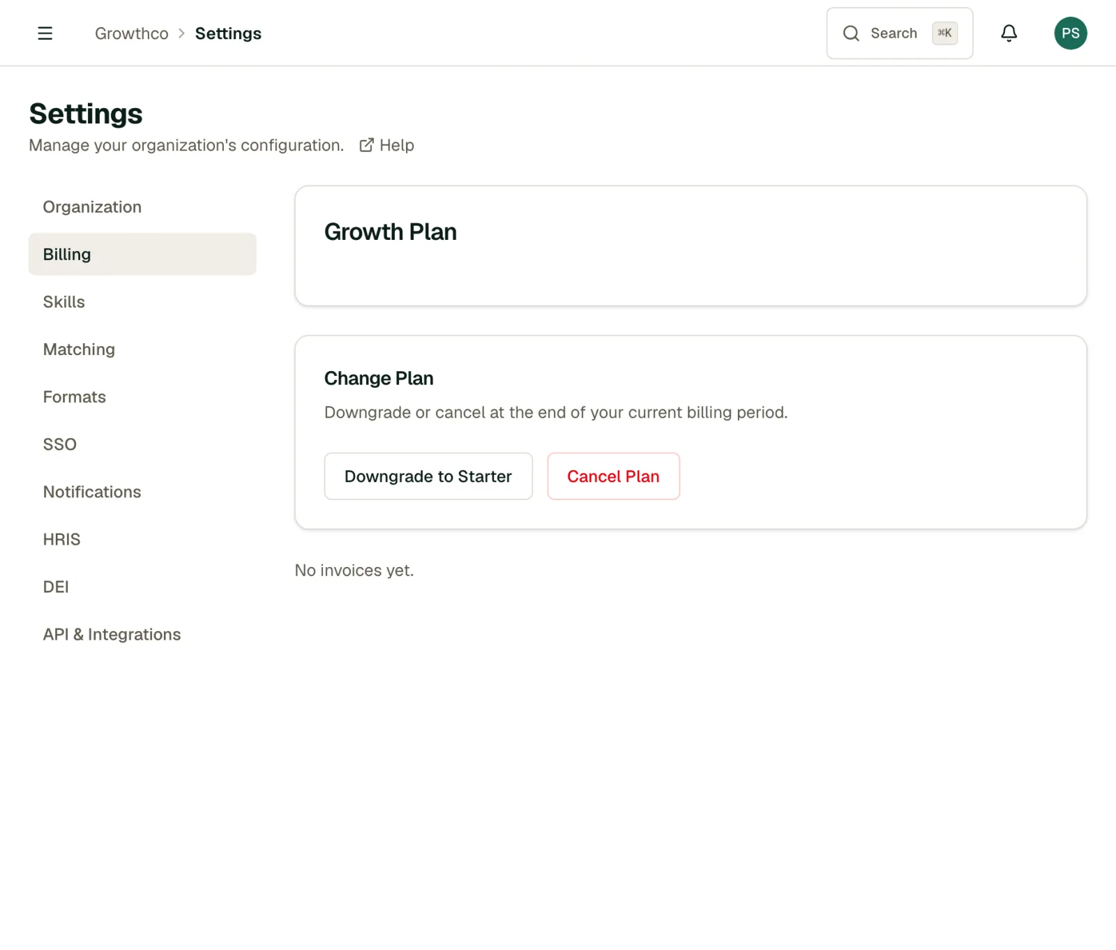 Billing tab showing the current plan and change-plan options