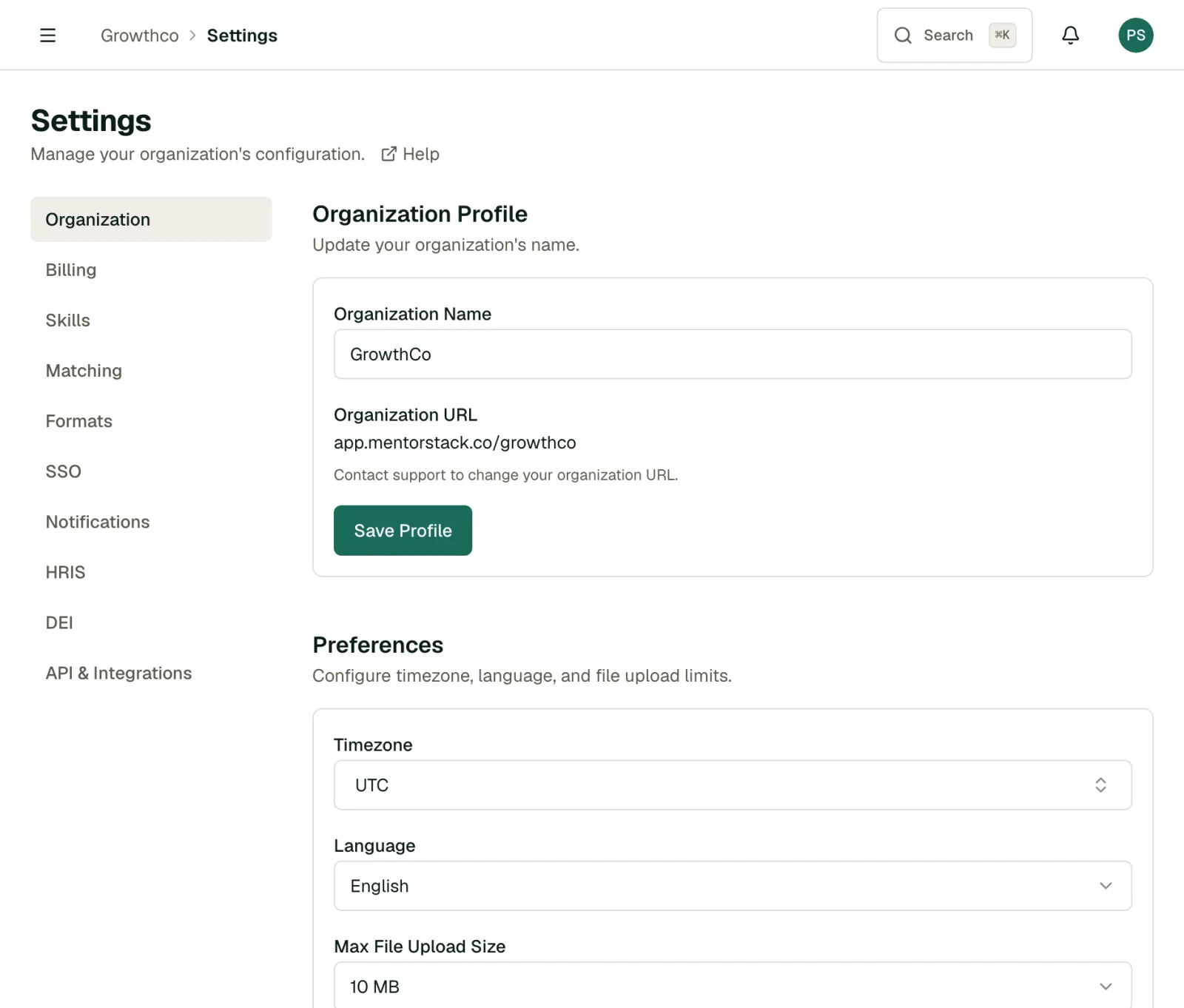 Organization settings tab with profile and preferences