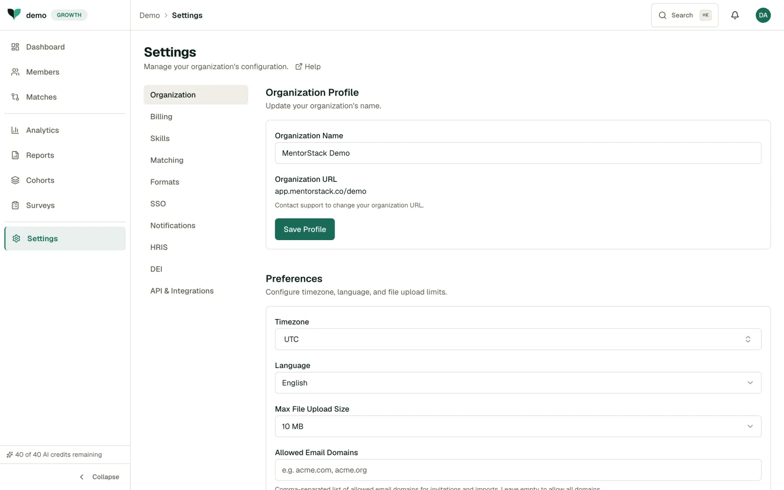 Settings page