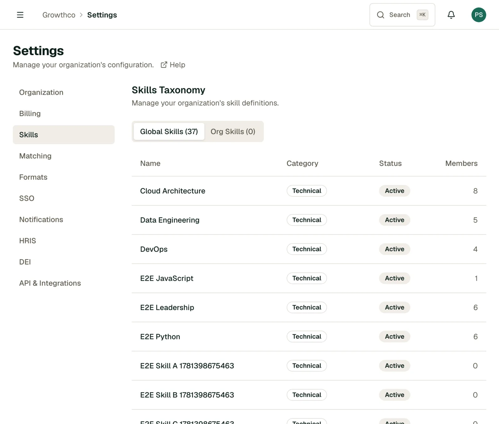 Skills tab in Settings showing the organization skill library
