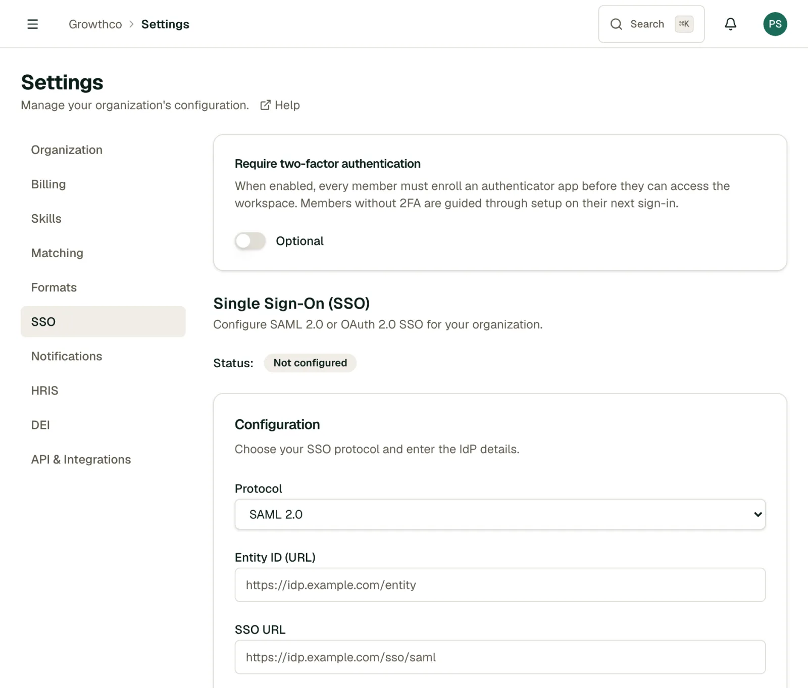 SSO settings tab showing SAML and OIDC configuration
