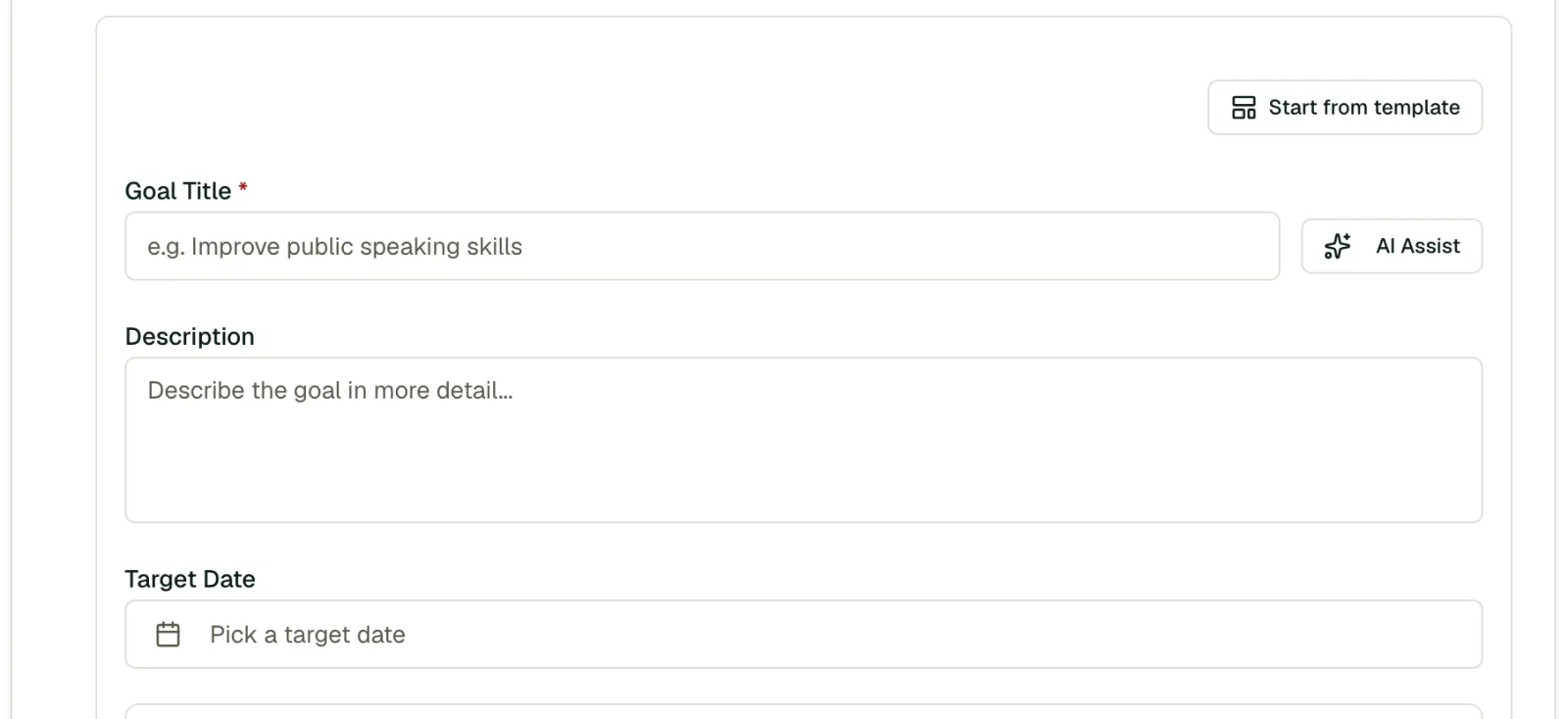 New goal form with an AI Assist button that suggests goals from the mentee's profile