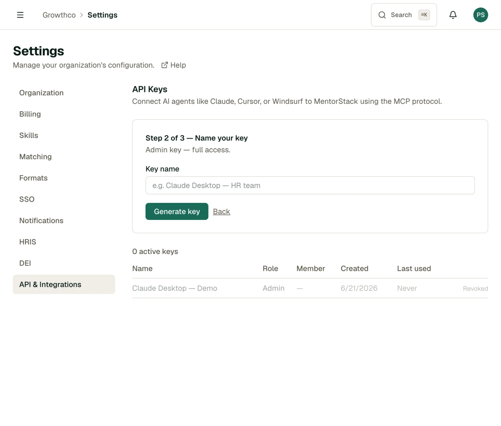 Connect an AI agent wizard step 2: name your key, then Generate key