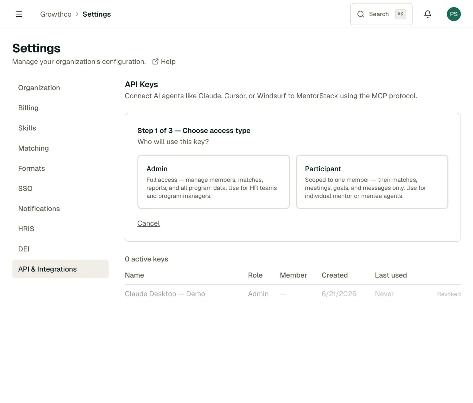 Connect an AI agent wizard step 1: choose Admin (full access) or Participant (scoped to one member)