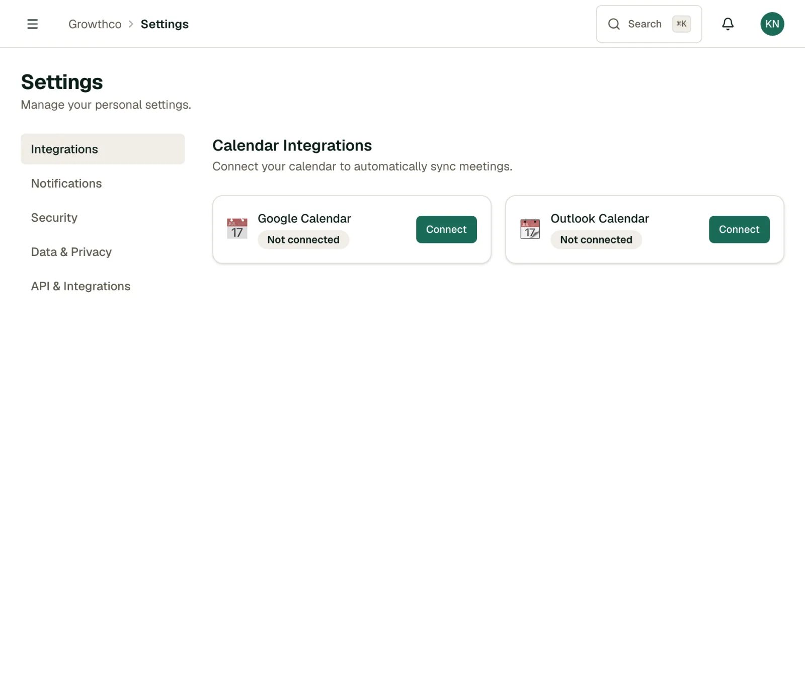 Calendar Integrations settings with Connect buttons for Google Calendar and Outlook