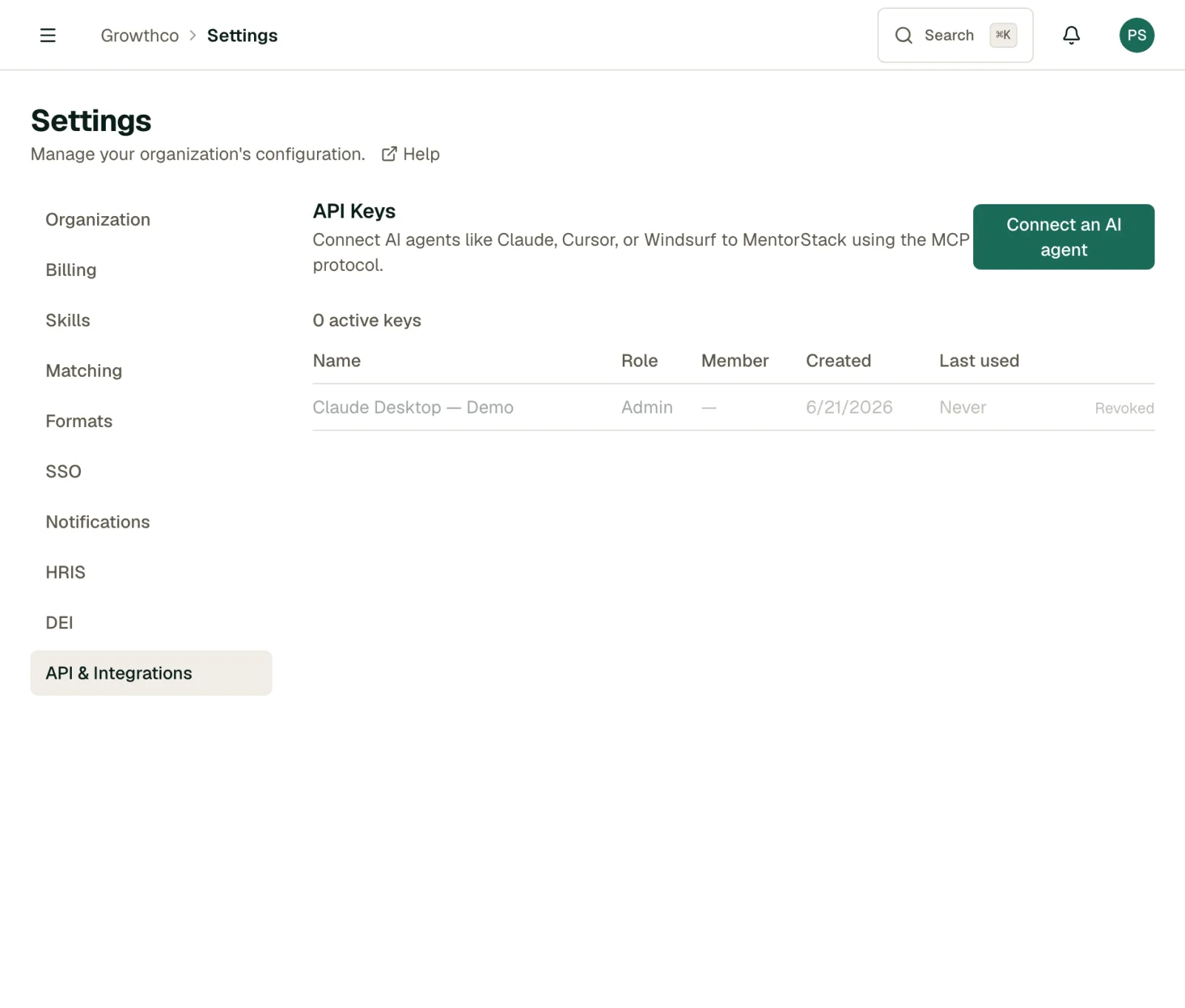 Settings API & Integrations tab with the Connect an AI agent button to generate an MCP key