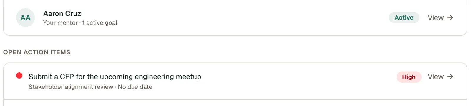 Open Action Items on the dashboard with priority badges (High, Medium)