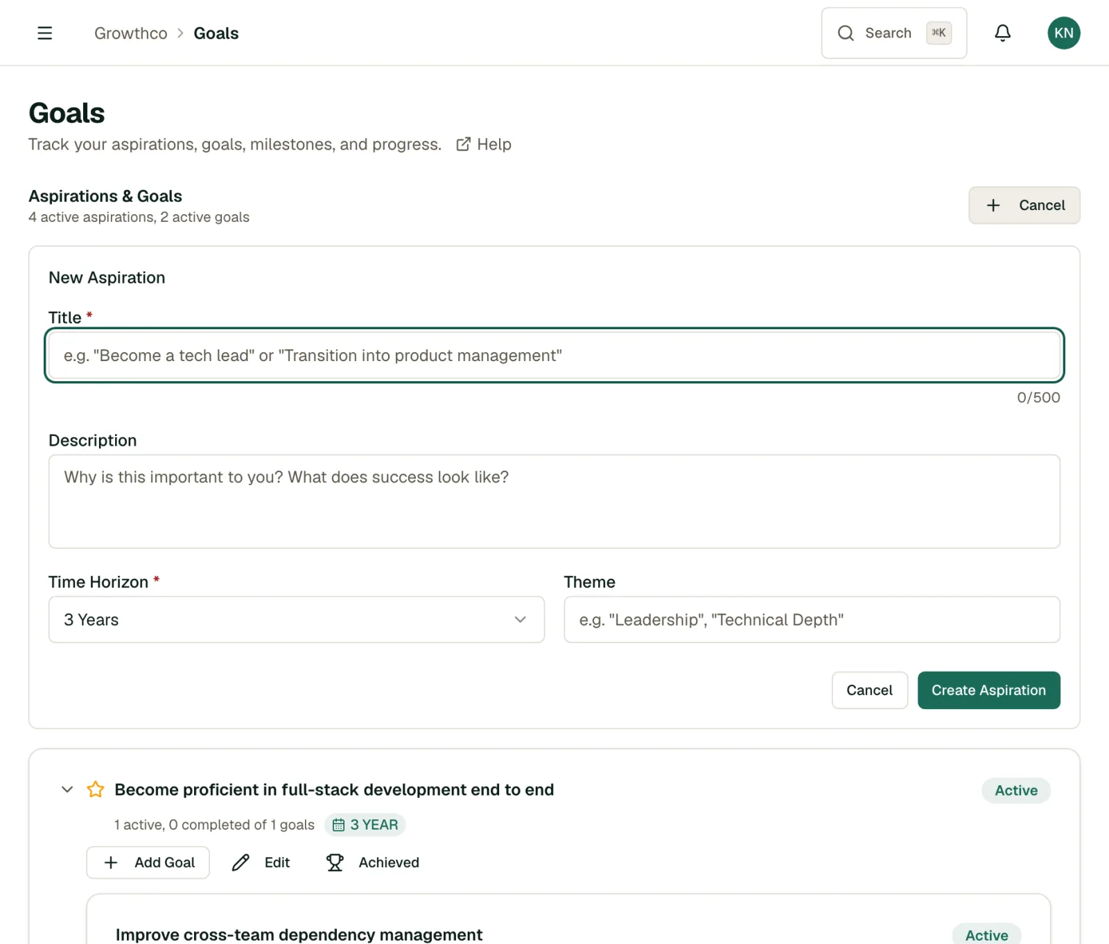 New Aspiration form with title, description, time horizon, and theme