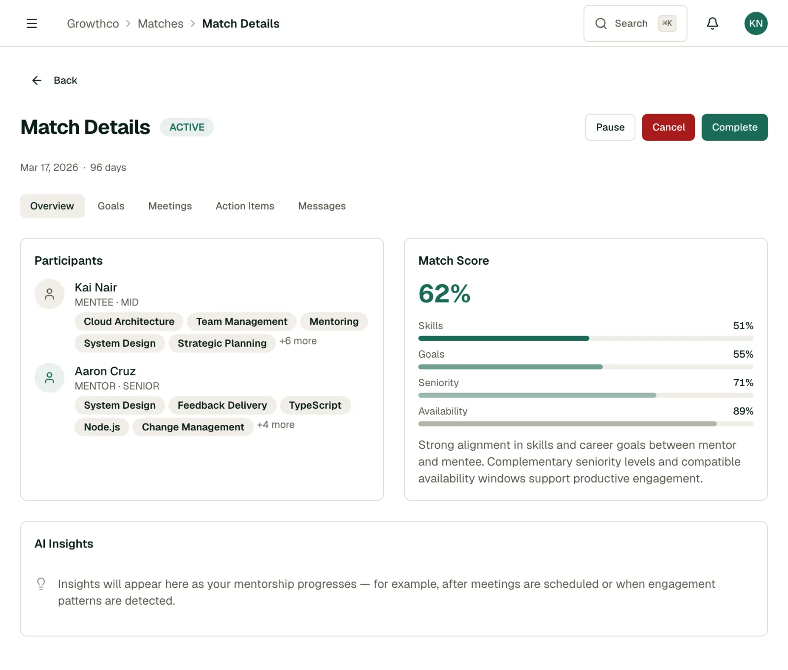 Match detail with participant skills, a 5-dimension match score breakdown, and Overview/Goals/Meetings/Action Items/Messages tabs