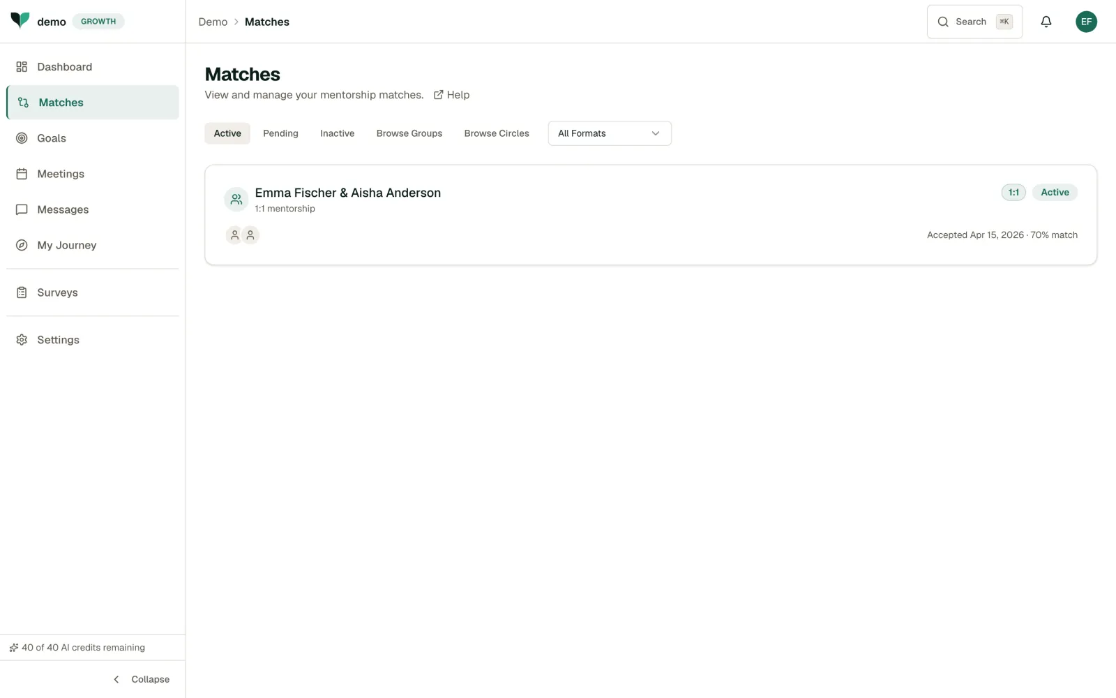 Matches page showing active mentoring pairings with status badges and match scores