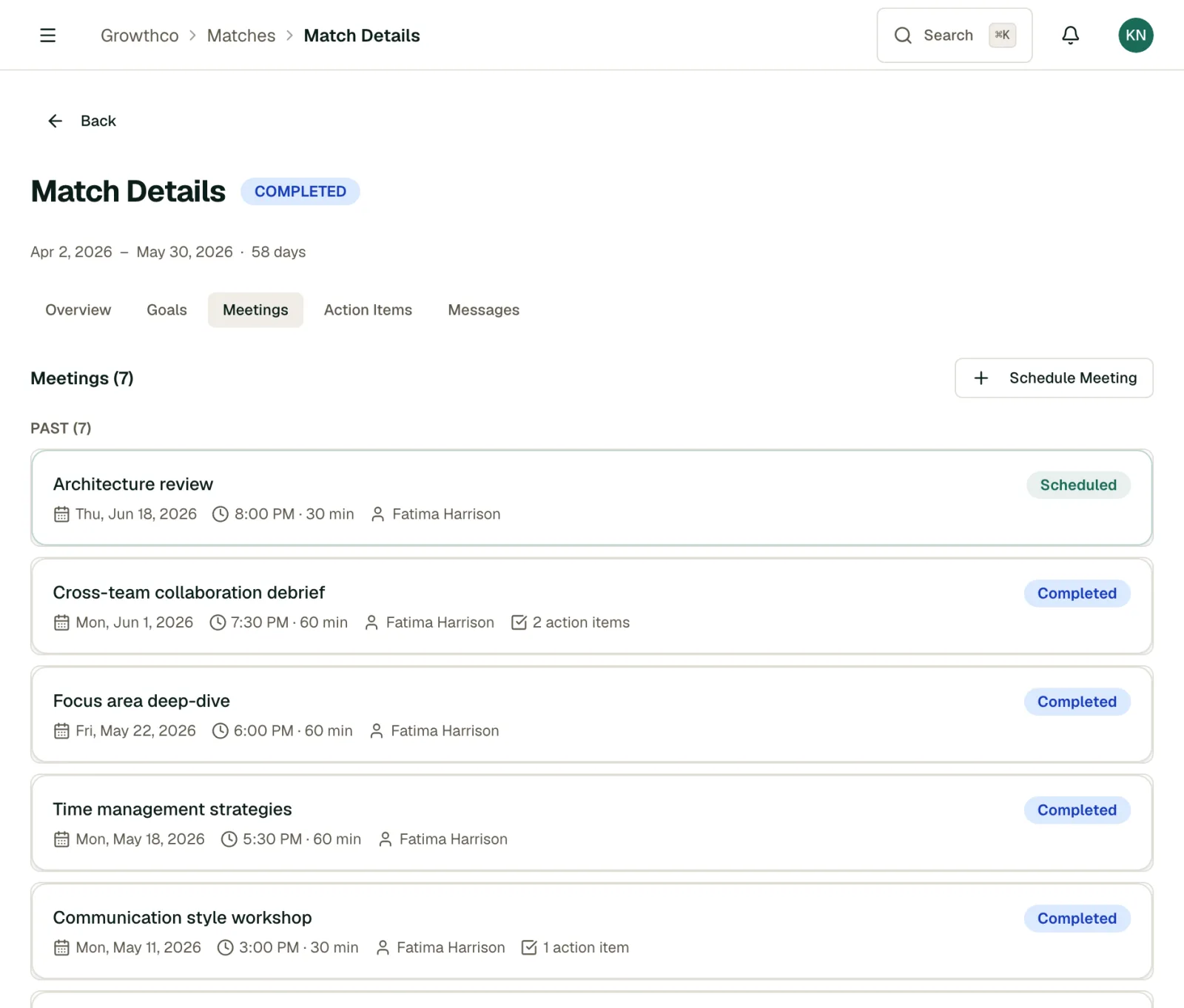 A match's Meetings tab listing past sessions with statuses and action-item counts