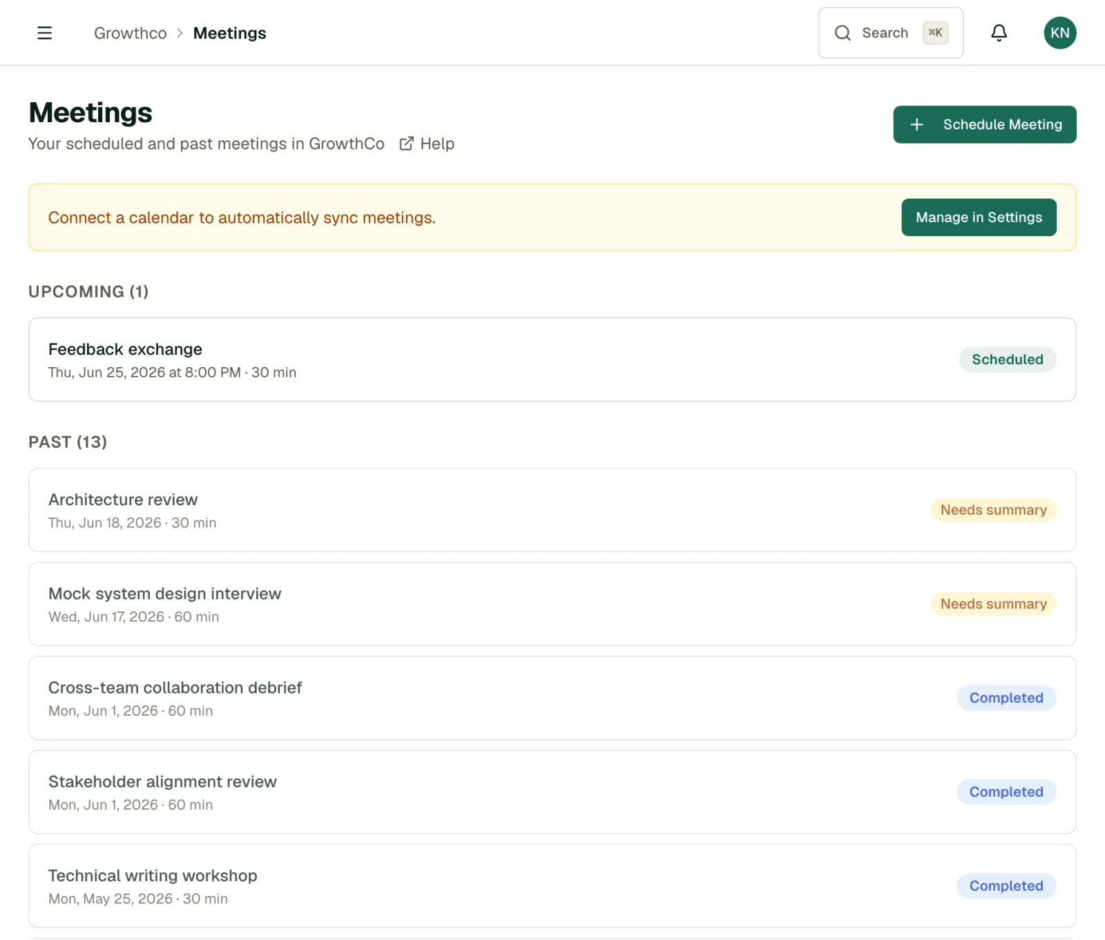 Mentee Meetings page listing upcoming and past mentoring sessions