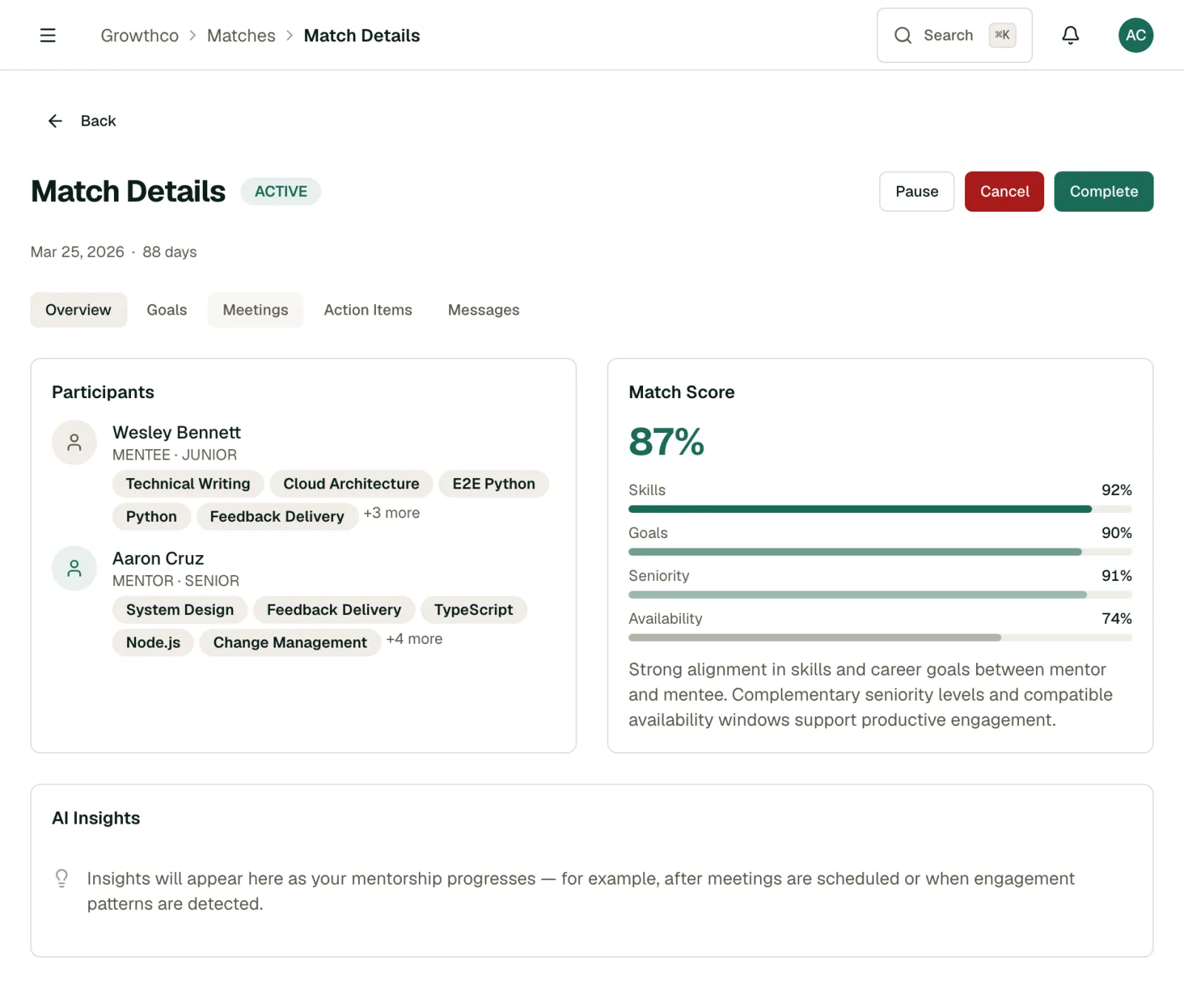 Match detail from the mentor side: mentee profile and skills, match score breakdown, and relationship tabs