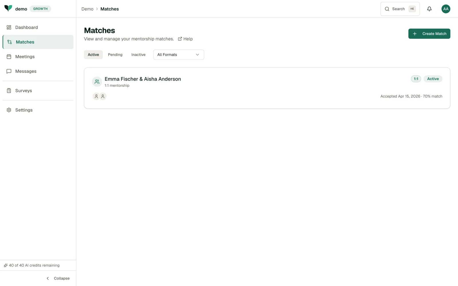 Mentor matches view