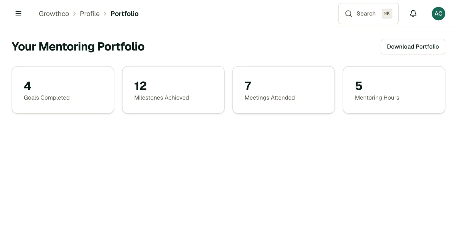 Mentor Portfolio page showing a growth summary of goals, milestones, meetings, and mentoring hours