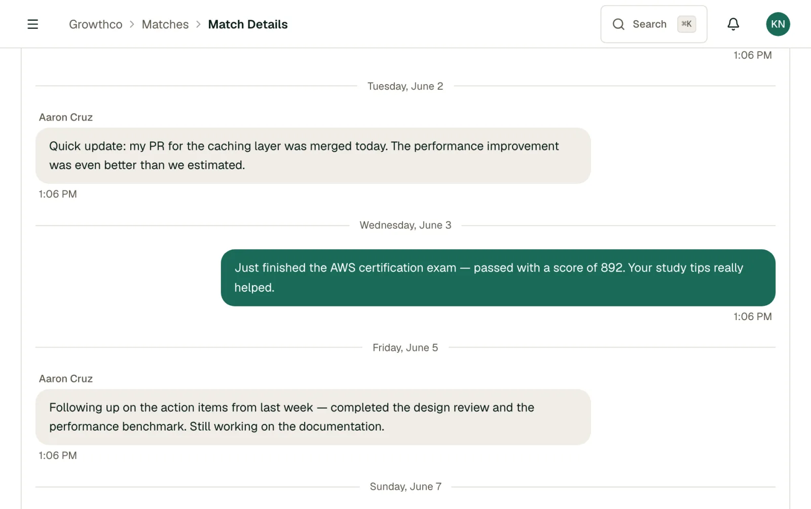 A conversation thread with a mentor showing message bubbles, date separators, and the composer