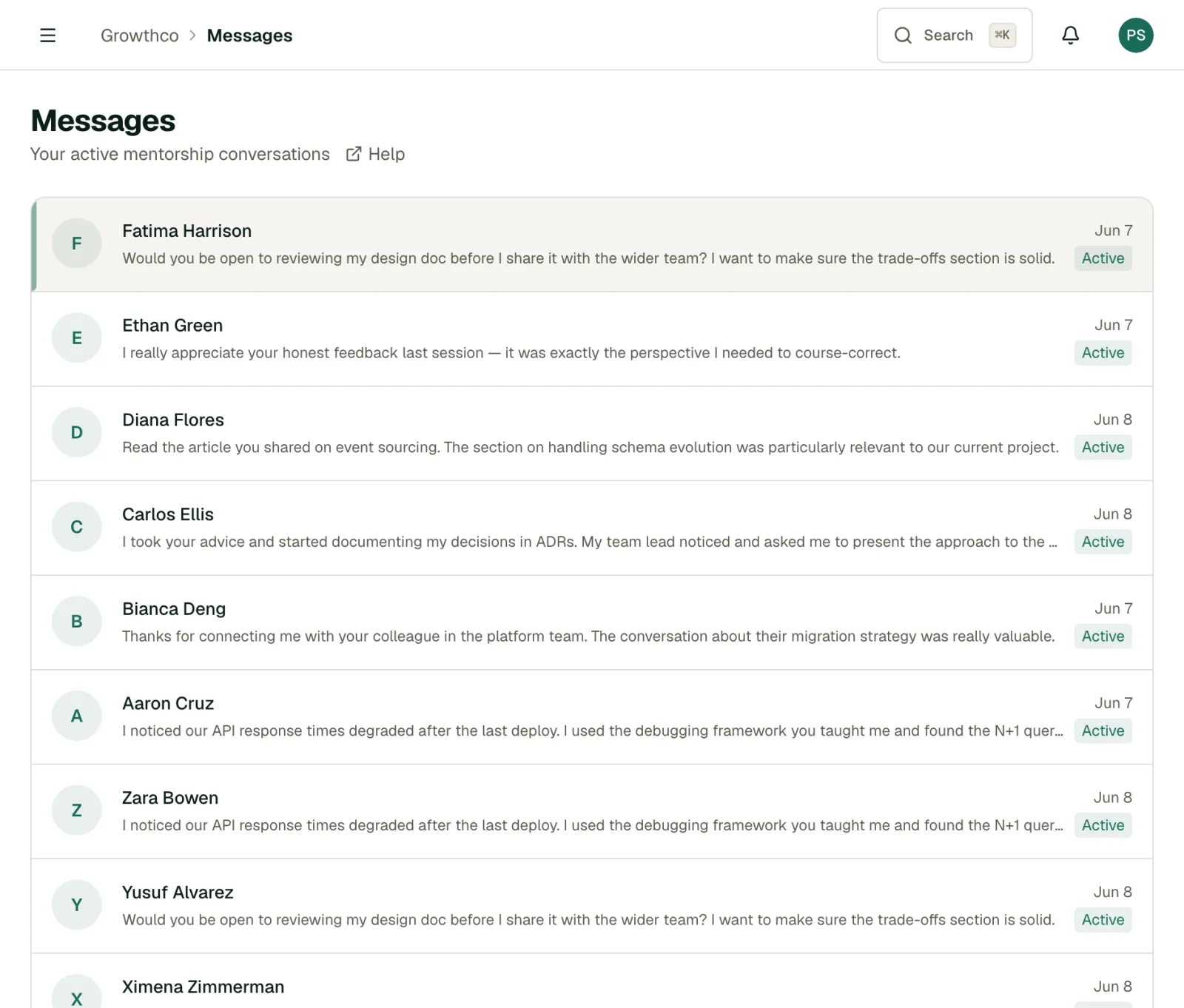 Messages page listing active mentorship conversations