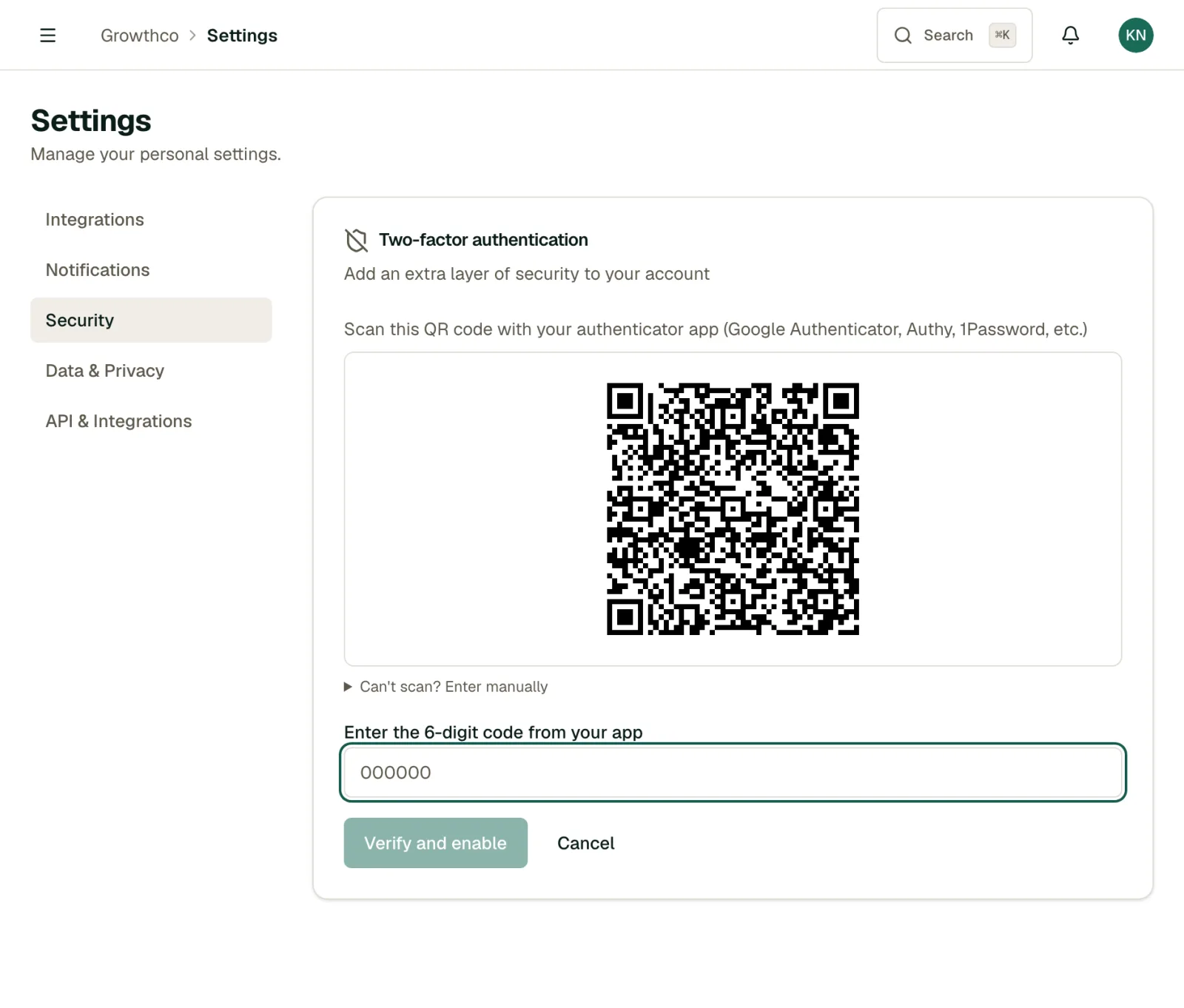 2FA setup: scan the QR code with an authenticator app, then enter the 6-digit code to verify and enable