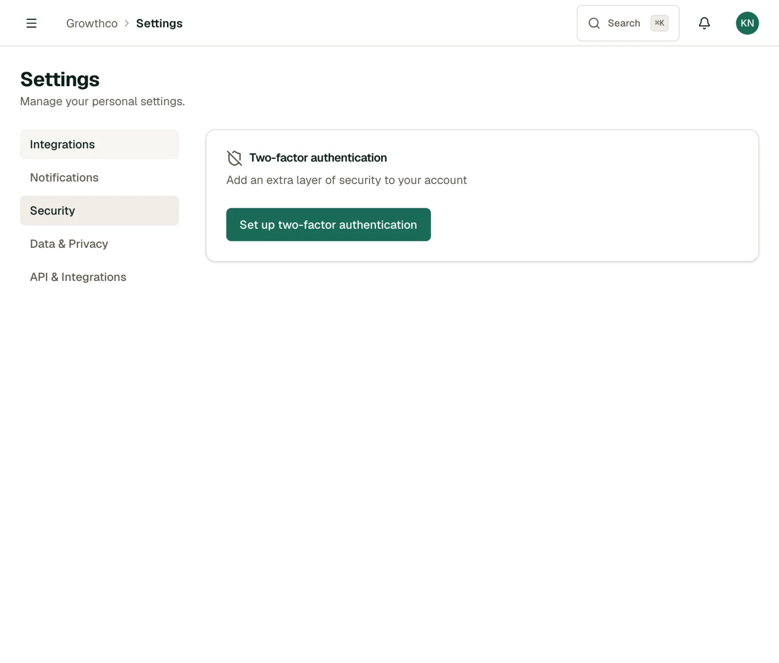 Security settings with the Set up two-factor authentication button
