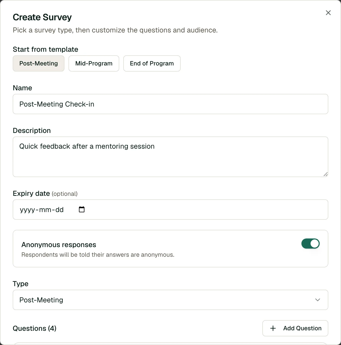 Create Survey dialog showing template picker, name, description, anonymous toggle, and question types